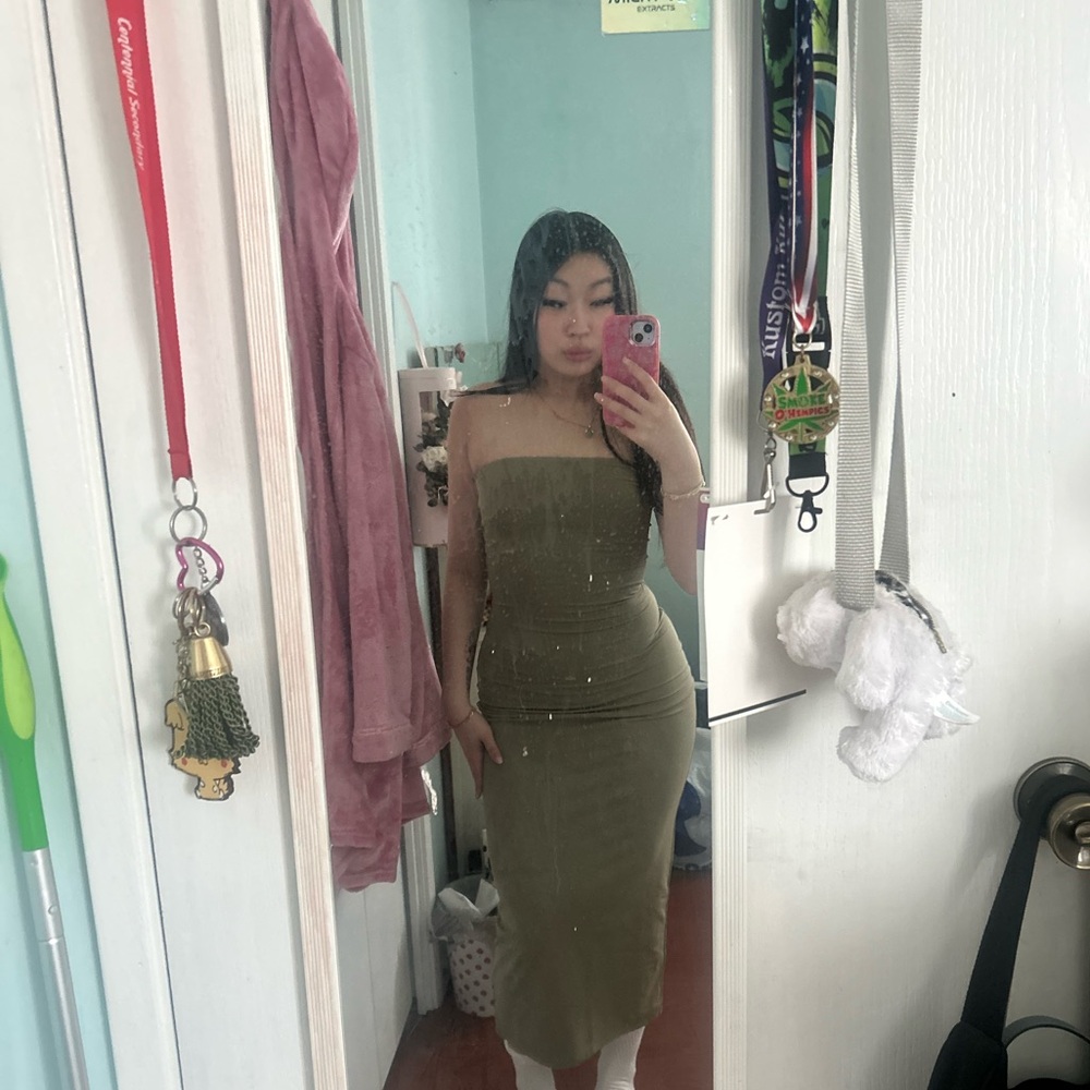 Strapless Olive Green Bodycon Midi Dress